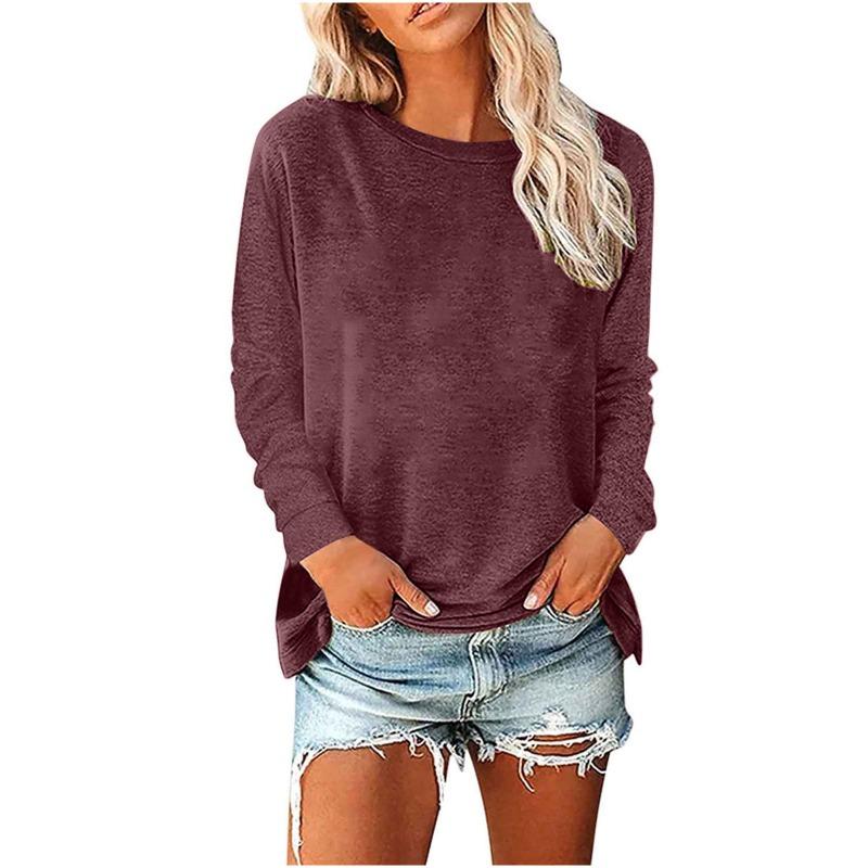 JPNTKY Women's Fashion Casual Solid Color Print O-Neck Long Sleeve Blouses & Shirts