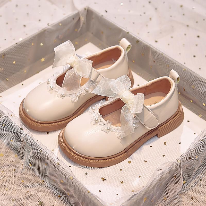 Girls leather shoes bow pearl princess shoes 2025 autumn new children's single shoes soft sole girls performance shoes