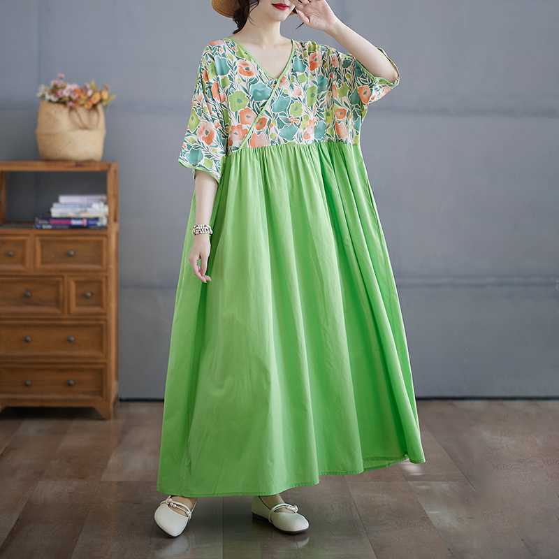 Cotton and Linen Summer Patchwork Retro Style Dress Long Skirt