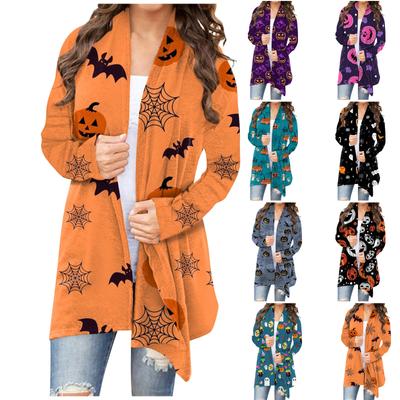 Women's Fashion Casual Halloween Print Medium Length Cardigan Jacket Coat