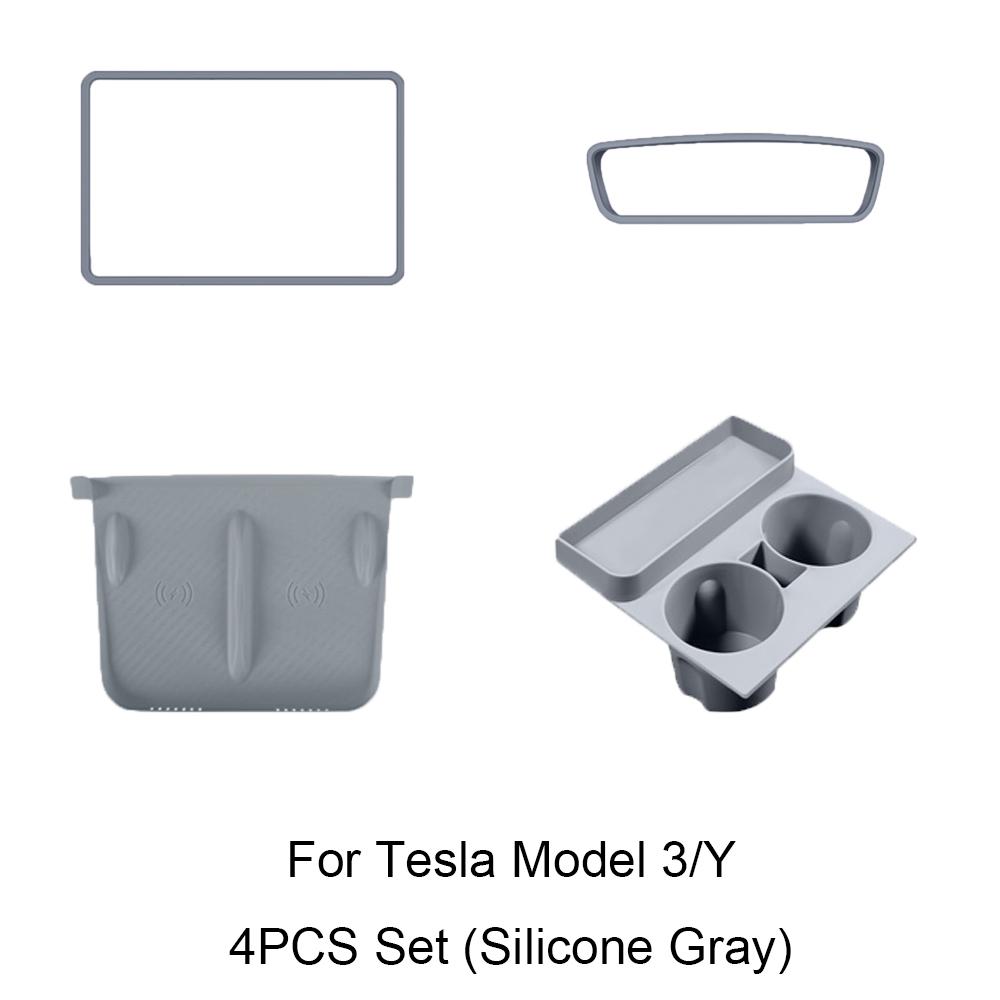 For Tesla Model 3/Y - Screen Silicone Protective Frame Wireless Charging Non-Slip Pad Card Limiter Silicone Cup Holder
