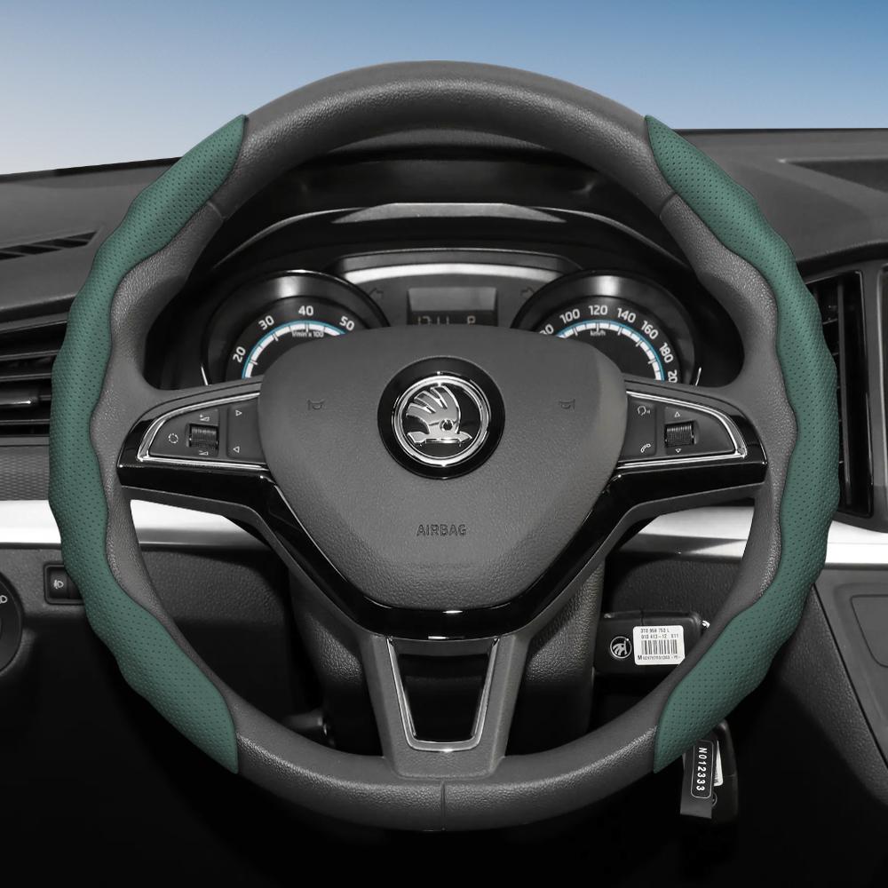 

Suitable for Skoda Steering Wheel Cover with Wavy Sports Design, Breathable Leather, Segmented, Non-Slip, Sweat-Absorbent Protection for Octavia,