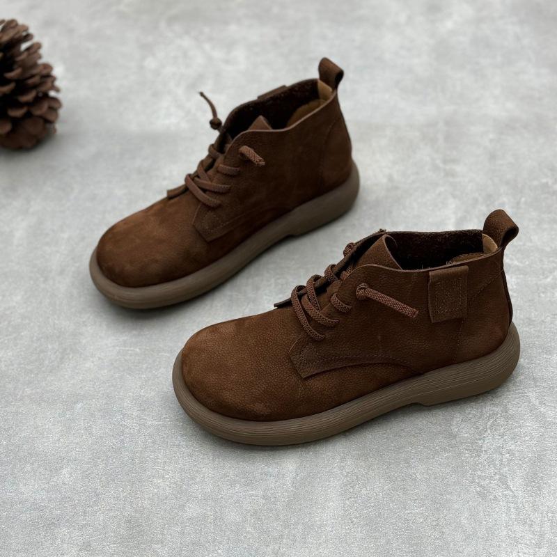 Johnature Retro Handgemachte Kurze Stiefel aus echtem Leder Runde Zehenpartie Gummiband Slip-on Damenschuhe