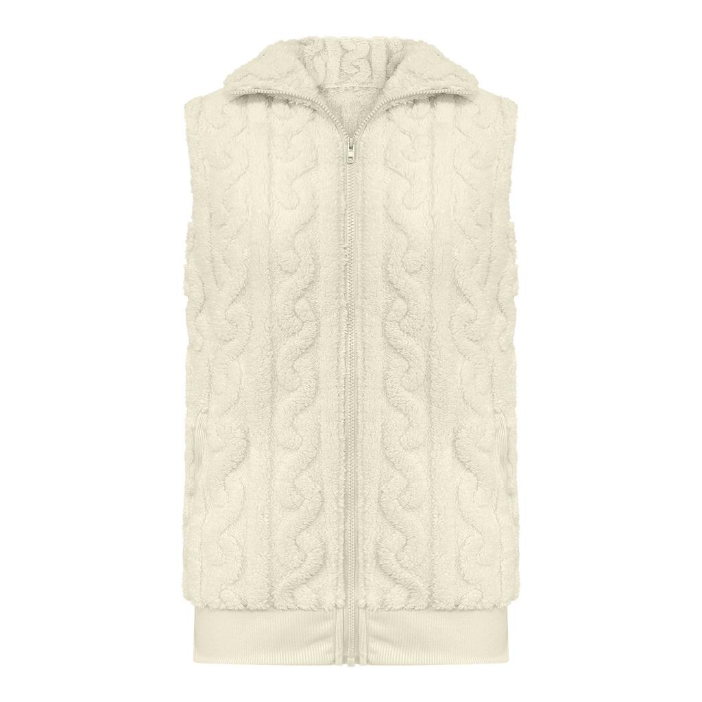 Fashionable Ladies Plaid Comfortable Fleece Cardigan Vest Stand Collar Sleeveless Women's Jacket