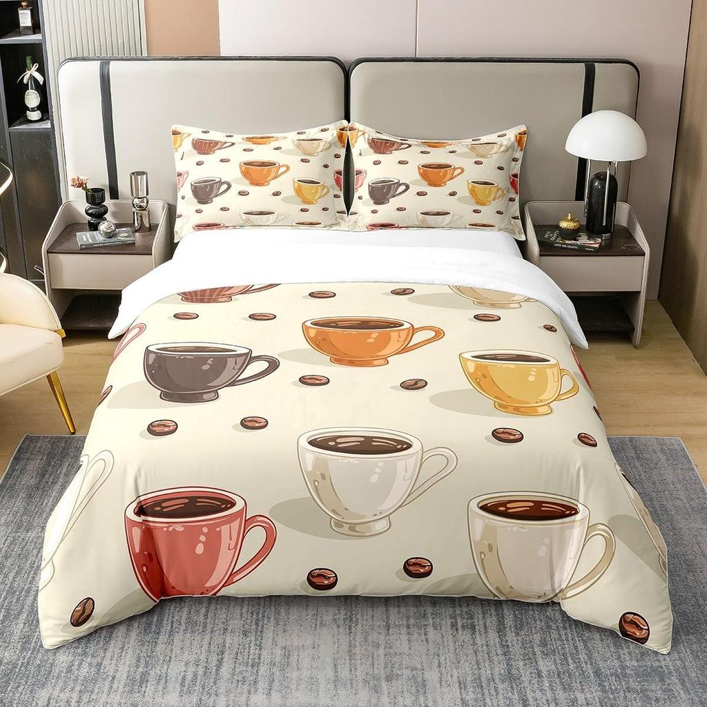Lovely Bohemian Style Cup Shaped Tea Party Soft Duvet Cover Quen Sized Dimensions Children Kids Rom Decor Watercolor Cofe Beding Cup 3 Piece Set