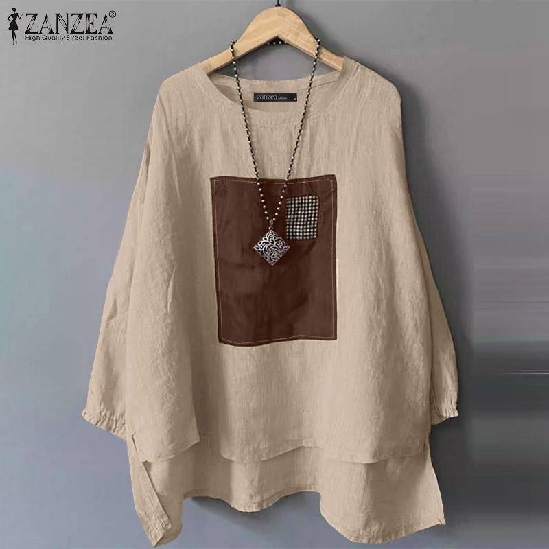 ZANZEA Dámská ležérní halenka s dlouhým rukávem a volným patchworkem do O