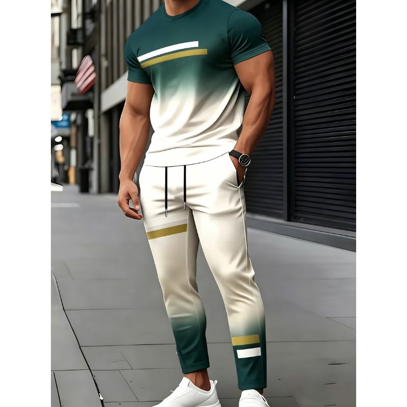 [Men's T-Shirt & Pants Set] Men's Short Sleeve Round Neck T-Shirt And Pants Set - 3D Print Casual Elegant Design