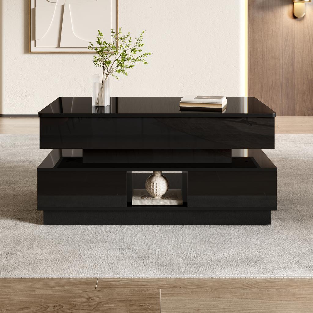 Coffee Table High-Gloss Height-Adjustable with Storage Space LED Lighting Socket Lift-Top Living Room Table Drawers Storage