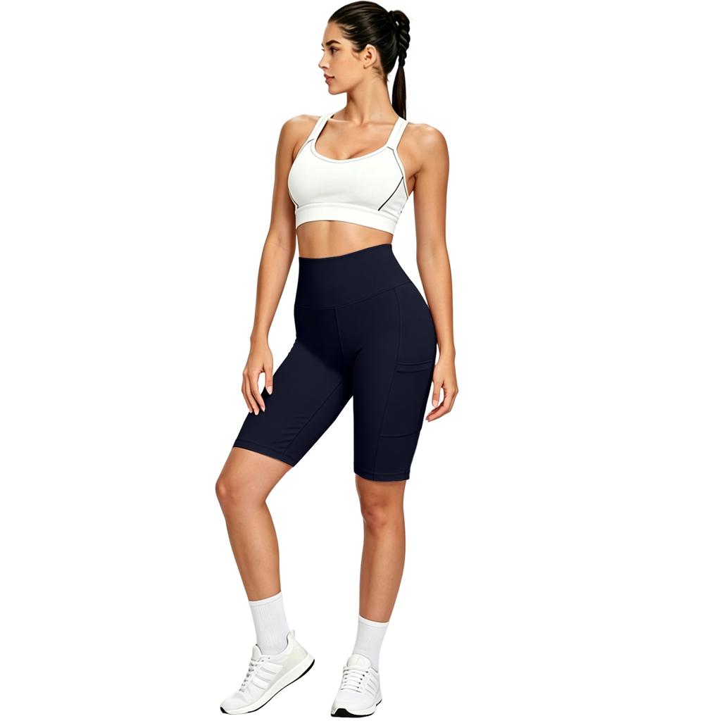 High Waist Butt Lifting Compression Biker Shorts for Women Tummy Control Stretchy Fitness Leggings with Side Pockets for Outdoor Sports