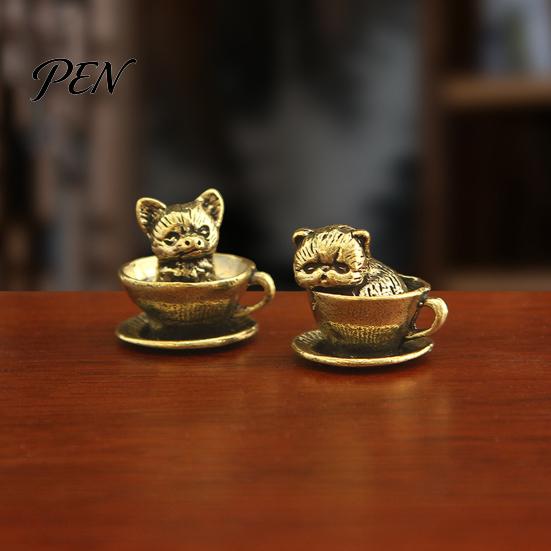 Artistic Home Office Desk Decor Miniature Teacup Cat Statue, Cute Brass Dog Figurine, Landscape Decorative Accents Collectable Animal for DIY