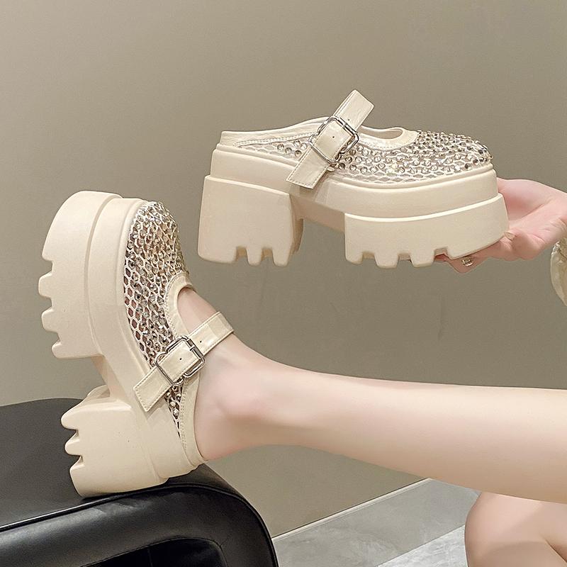 Super high-heeled slippers women's round head shallow mouth mesh cloth metal buckle set foot non-slip sandals