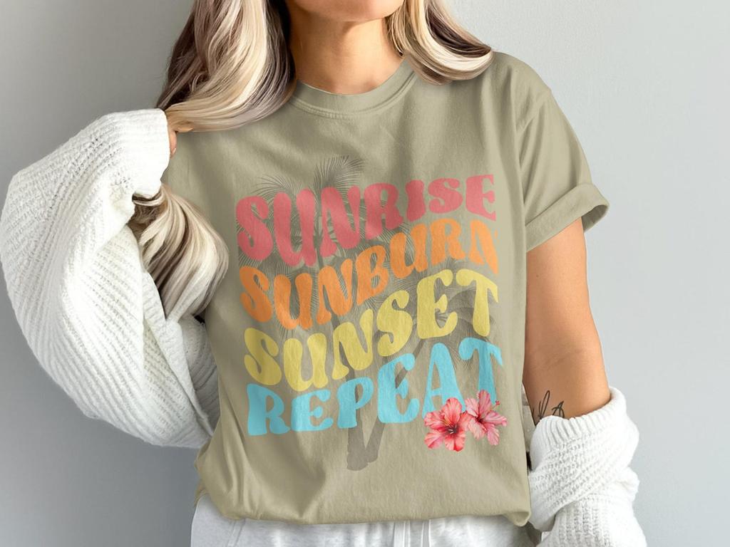Sunrise Sunburn Sunset Repeat Shirt, Retro Palm Tree Hibiscus Tee