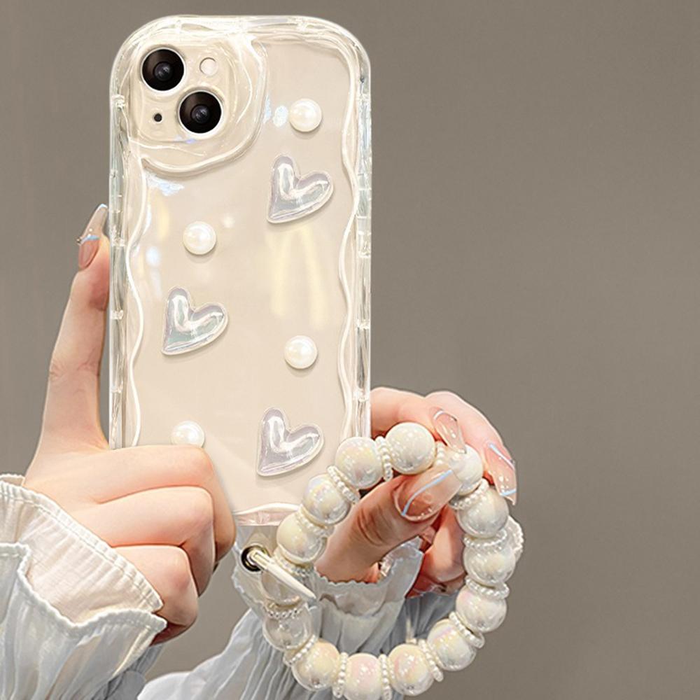 For iPhone 14 Case 3D Heart Design TPU Phone Cover with Laser Beaded Strap