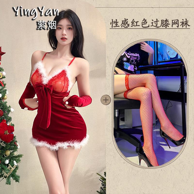 Erotic underwear women's sexy plush suspender nightdress short skirt Christmas dress battle robe passion free uniform suit
