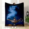 A Decorated Golden Lamp Emits Blue Smoke, Set Against a Starry Night Sky. for All Seasons Blanket Lunch Break Throw Gift