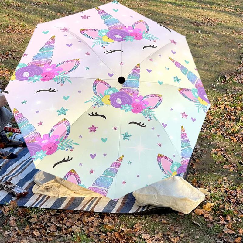 1PC Unicorn Flowers Umbrella-8-Rib Reinforced Portable Folding Travel Suitable for All Seasons Outdoor Daily Use-G322