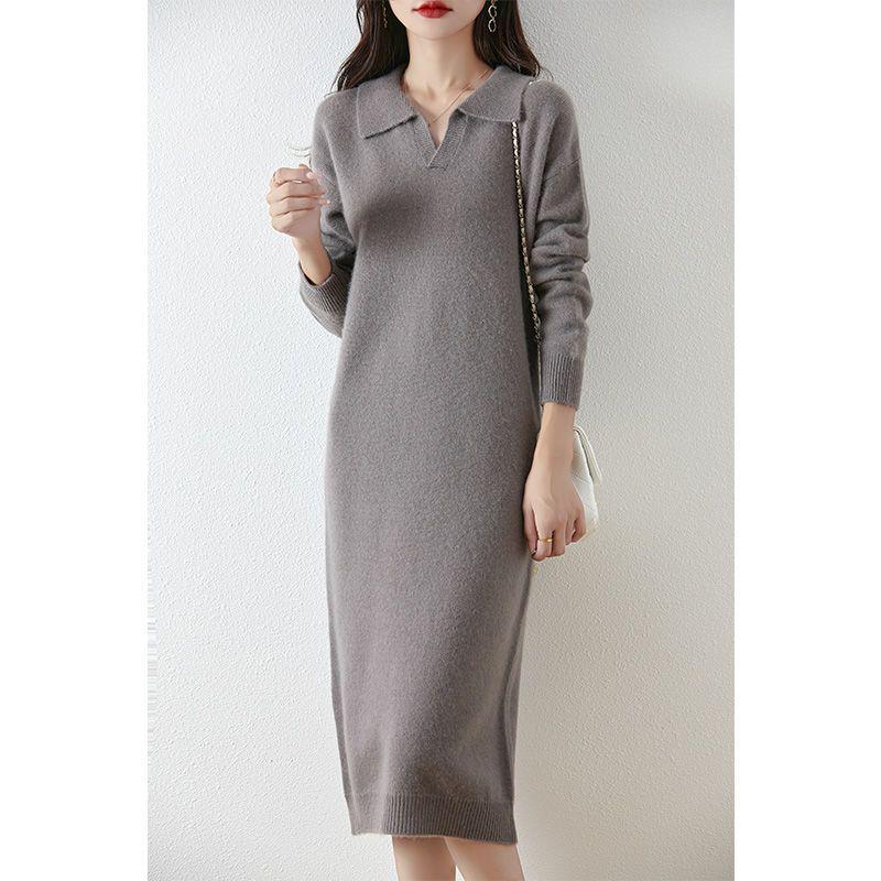 Women's Thickened Wool Polo Neck Long Dress - Autumn/Winter Loose Knit Base Layer 