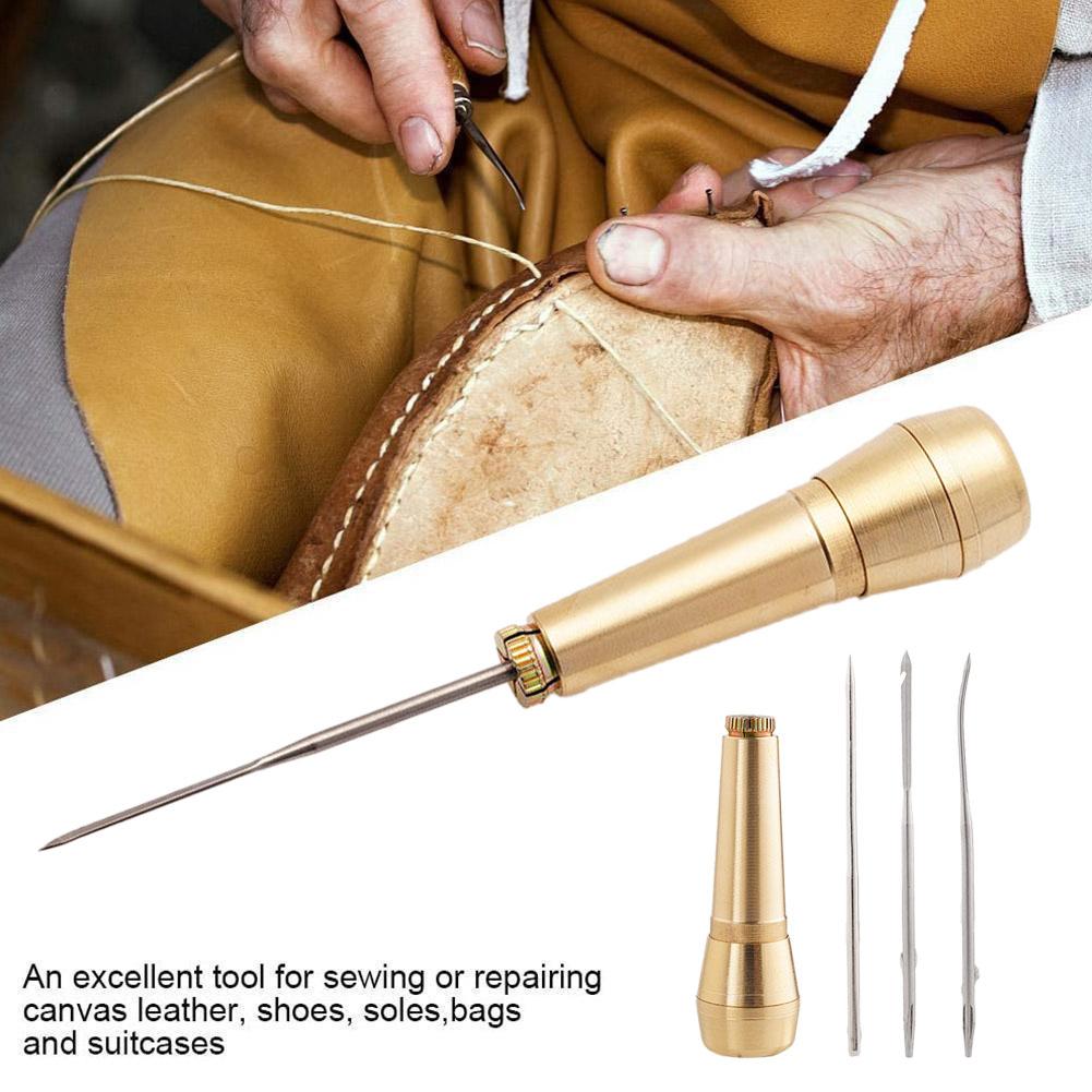 Leather Sewing Kit DIY Leather Sewing Awl Needle with Copper Handle Set Leather Canvas Tent Shoes Repairing Tool Nylon Thread