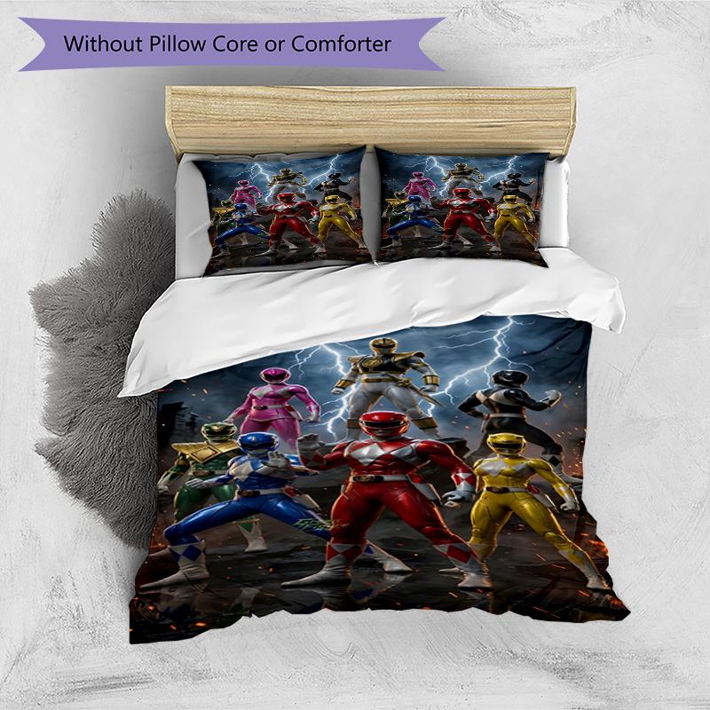 Parure de lit 3 pièces avec housse de couette (1*Housse de couette + 2*Taie d'oreiller, sans noyau),Ensemble de literie imprimé Mighty Morphin Power Rangers, Décor de chambre à coucher, Toutes saisons, Anniversaire