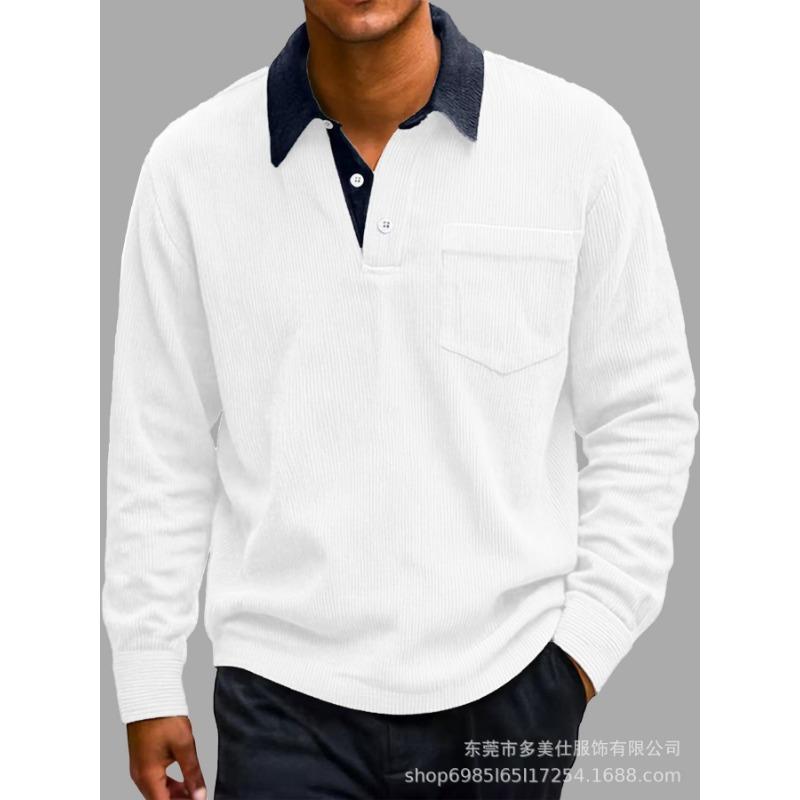 Autumn and Winter New Men's Retro Corduroy Button Pocket Color Blocked Casual Turn Down Collar Long Sleeved Polo Shirt for Men