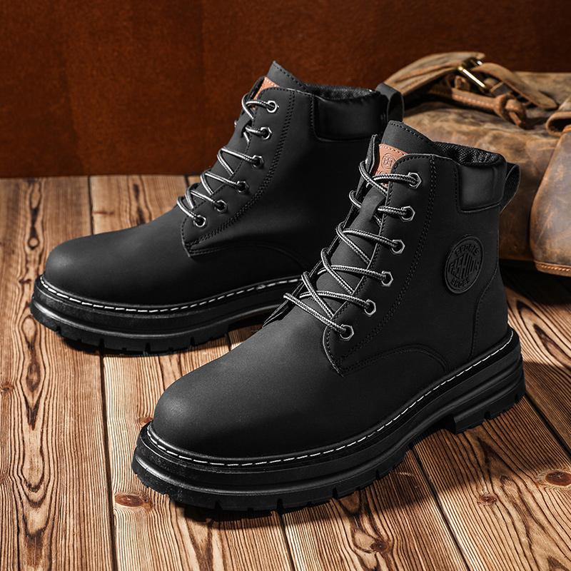

EAEOVCNIMen Retro Work Shoes Autumn Winter Thick Bottom High Top Non Slip Warm Casual Boots Leather Lace-up Big Head Tooling Boo 44 чорний
