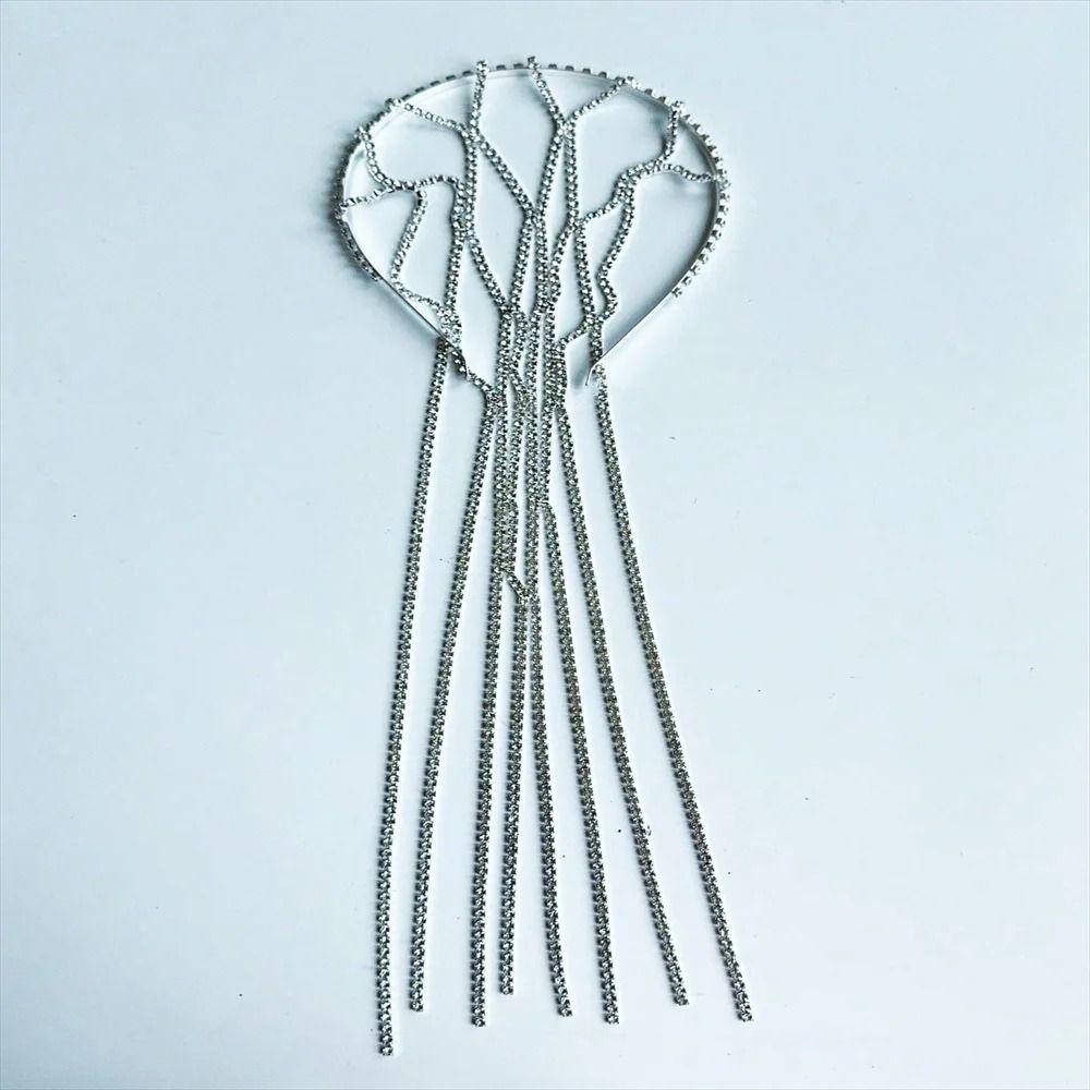 Long Chain Tassel Headdress Rhinestone Inlaid Bridal Headpiece Mesh Headband  Hair Accessories