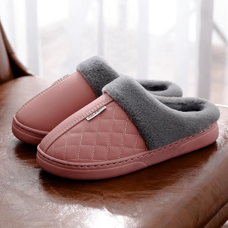 Waterproof leather surface, non-slip and warm home indoor cotton slippers, bag heel comfortable cotton mop home cotton shoes