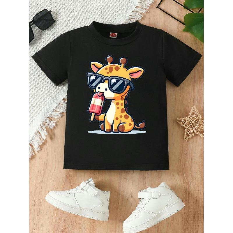 European Sizes Adorable Cartoon Giraffe Design with Glasses, Enjoying a Popsicle. A Short-Sleeved T-Shirt Ideal for Casual Summer Outings