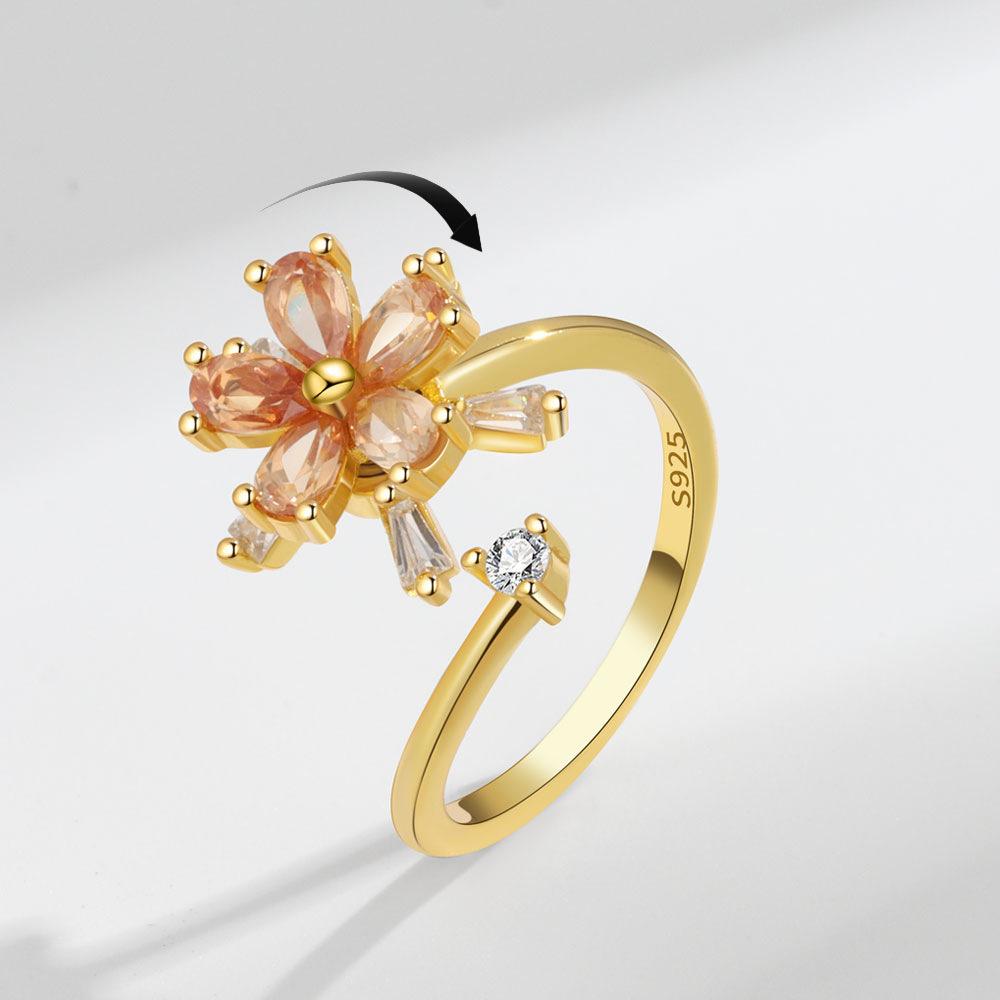 Flower Zircon Spinning Ring For Women Anxiety Relief Rotatable Band Trendy Versatile Stress Reducing Jewelry Accessory