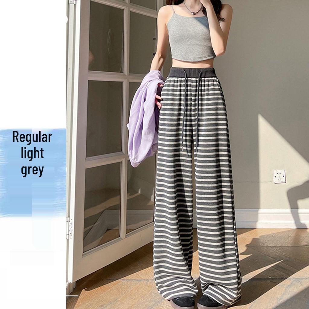High-Waist Retro Striped Wide-Leg Pants with Drawstring - Women's Casual Floor-Length Knit for Autumn and Spring