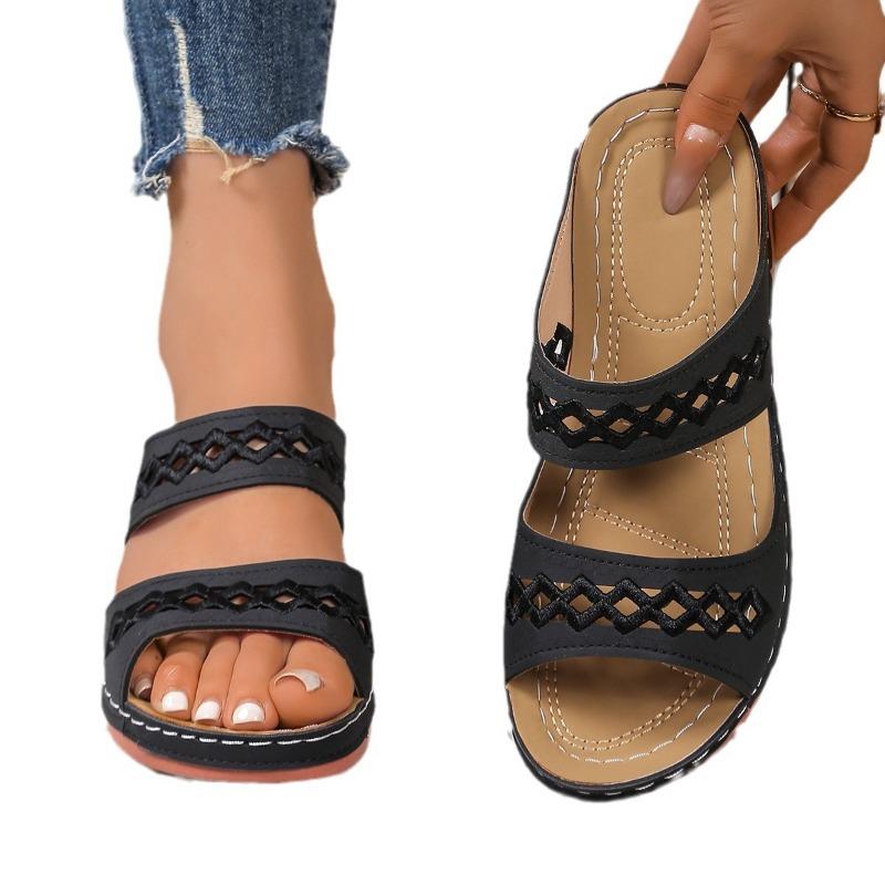 Summer new sandals women's large size simple embroidery hollow cool slippers breathable women's slippers