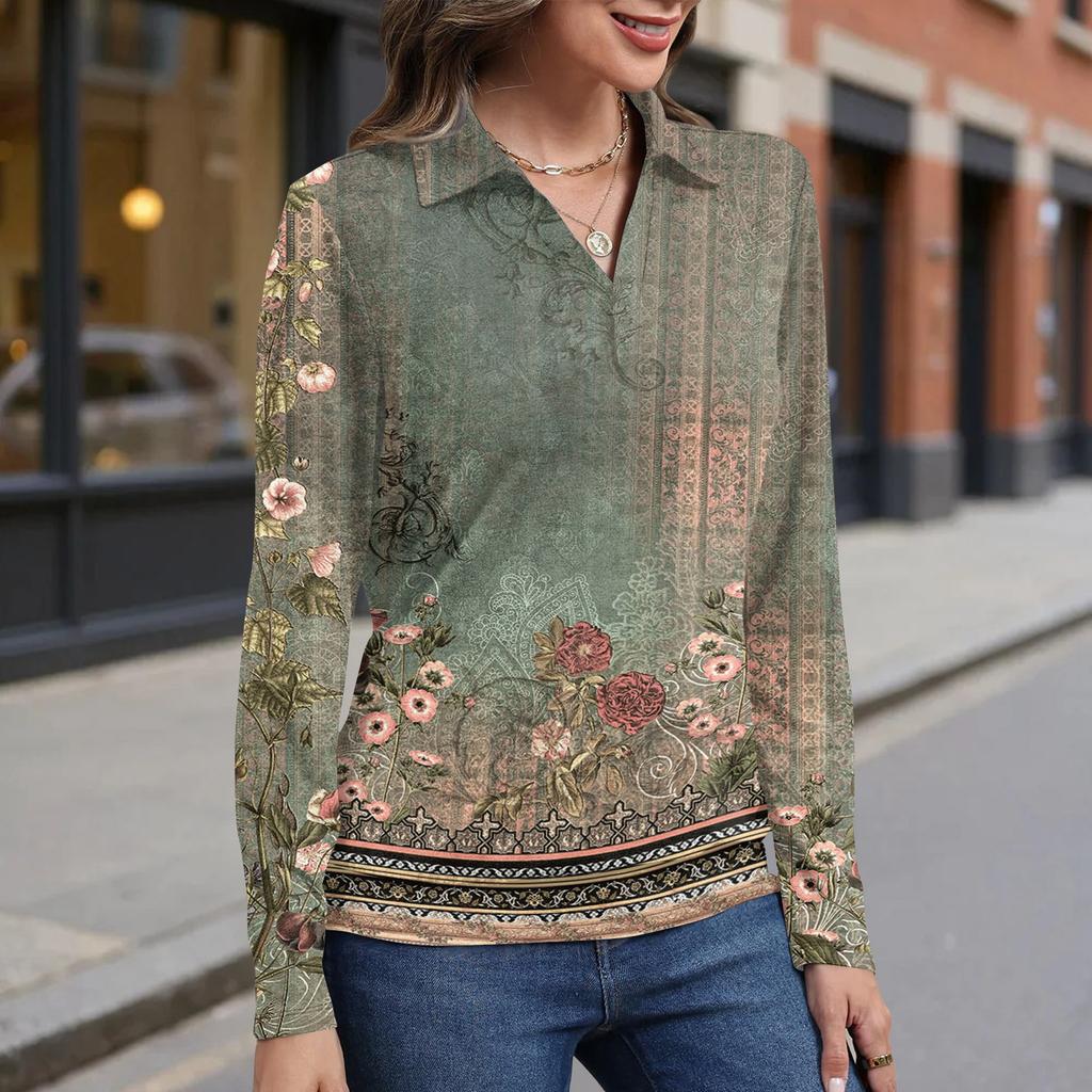 Women's retro printed fashionable long-sleeved top