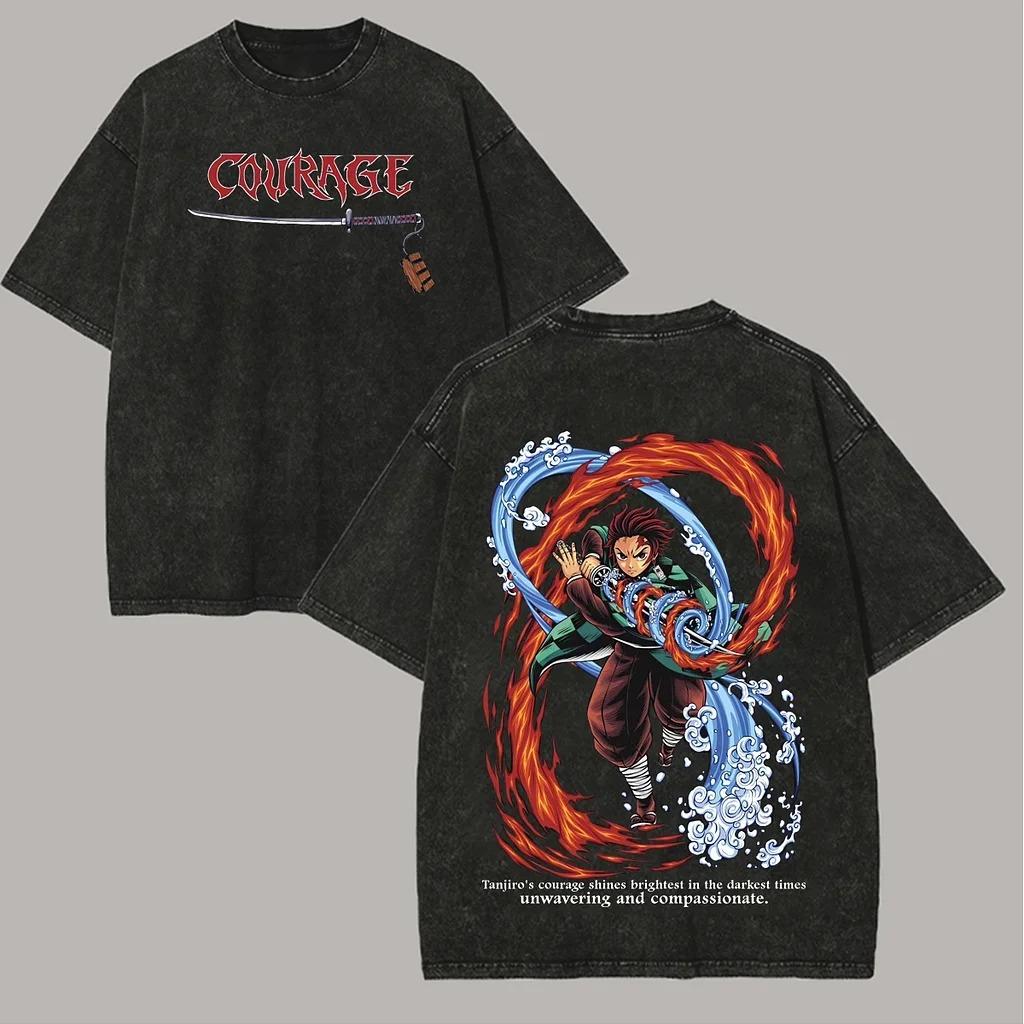  Manga Demon Slayer Tanjirou Graphic T-shirt Vintage Washed Oversized T Shirt Men Women Clothing Summer Cotton Short Sleeve Tees Female Male Clothing 