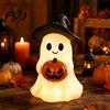 LED Pumpkin Decor Halloween Ghost Figurine, Cute Resin Holding Spooky Table Centerpiece Statue for Desk Tabletop Indoor Home Safe Flameless