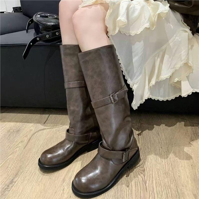 But Knee Boots Women'S New Round Head Belt Buckle Western Cowboy Knight Boots High Boots