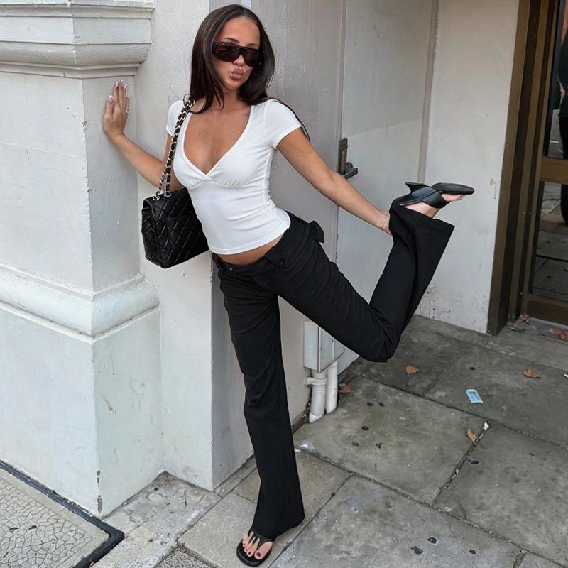 Hot-selling solid color v-neck short-sleeved t-shirt women's summer new slim-fitting and thin shoulder versatile top