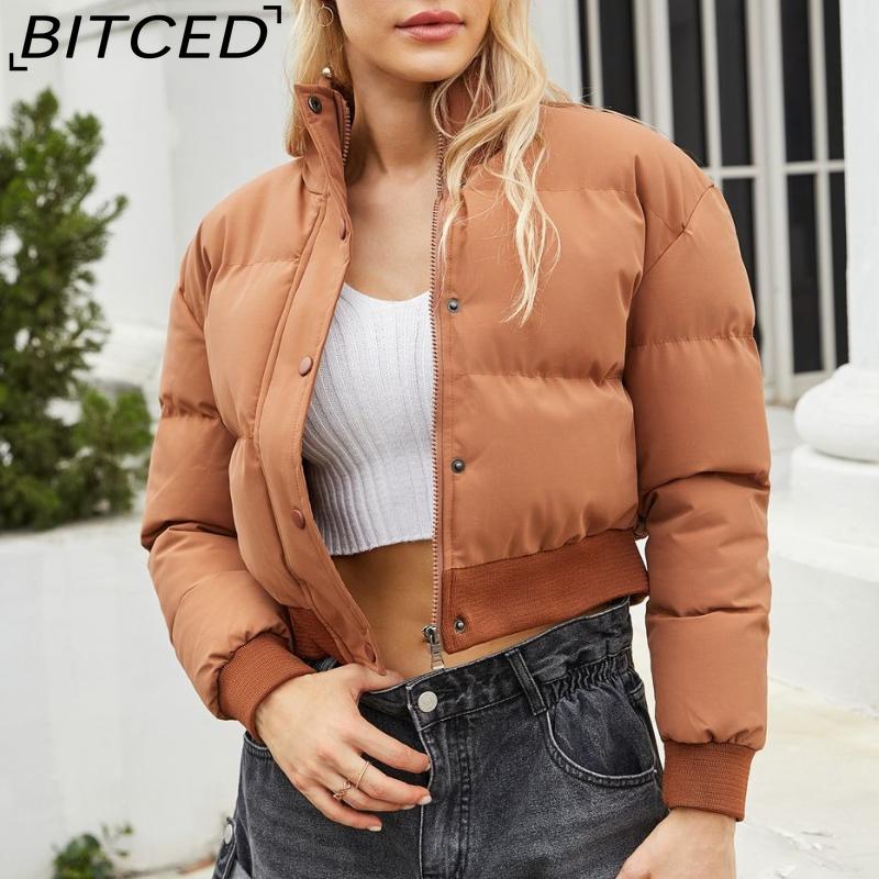 BITCED Женское хлопковое пальто короткой длины на осень/зиму, с длинными рукавами и высоким воротником, теплая куртка, повседневная хлопковая куртка свободного кроя, пуховик