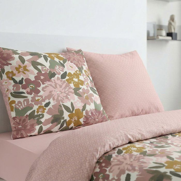 Parure de Lit - 260 x 240 cm - Coton Imprimé Floral Champêtre Rose Poudré - TODAY SUNSHINE