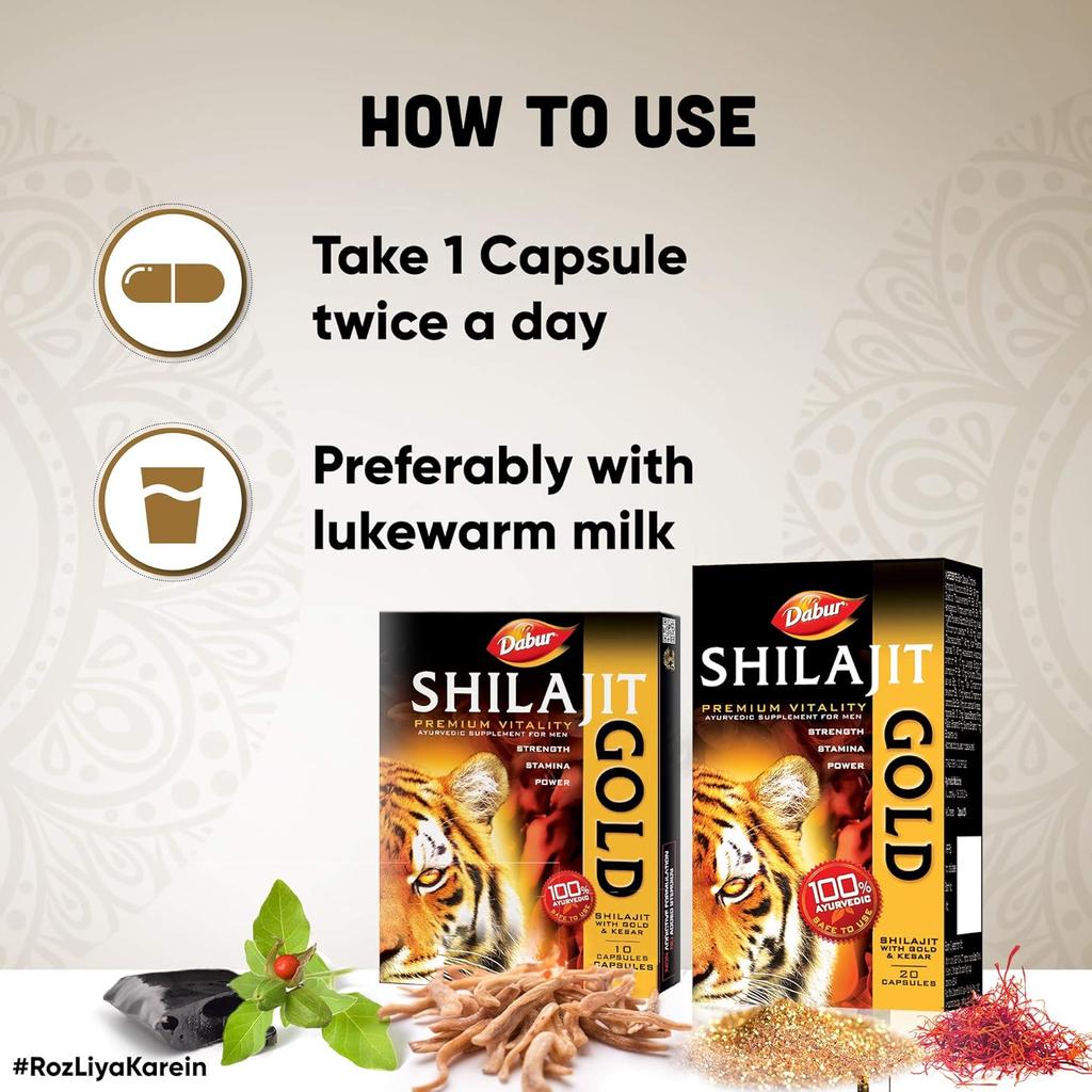 Dabur Shilajit Gold Ayurvedic Capsules For Strength, Stamina And Vitality Support – Natural Wellness Supplement – 10 Capsules Pack