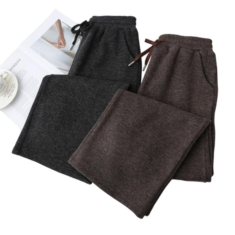 Plus Size Women Thickened Fleece Warm Straight Long Woolen Pants