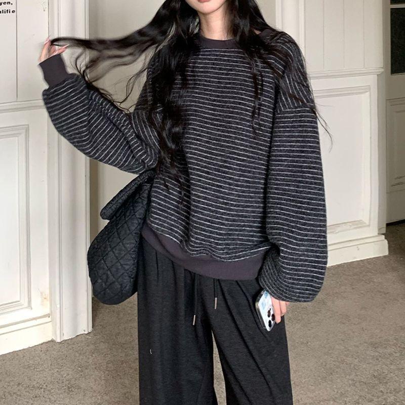 Retro Striped Round Neck Hooded Long-sleeved Sweatshirt Women Autumn New Korean Style Loose Student Top
