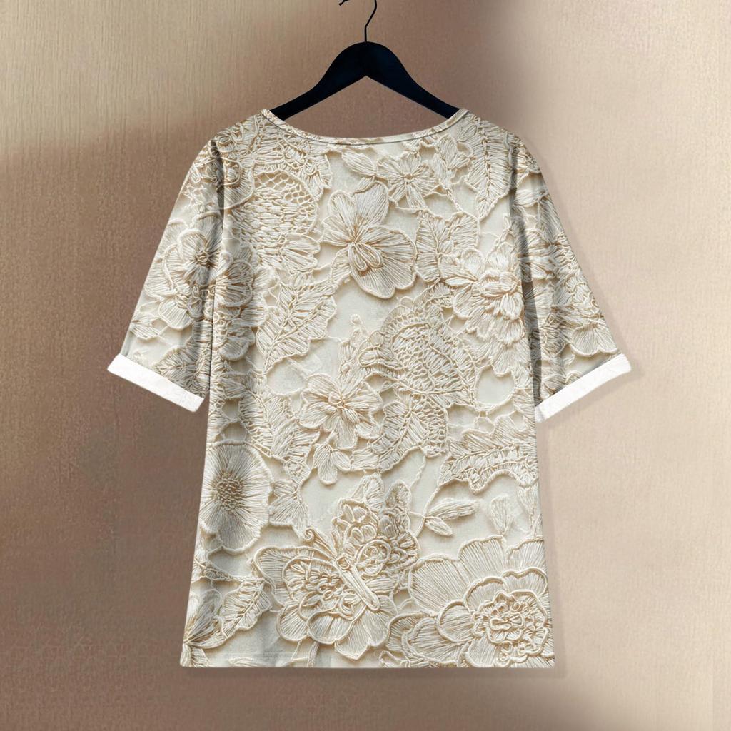 Women's Fashionable And Casual Shirt Half-sleeve Round Neck Print Cotton And Linen Blouse Top