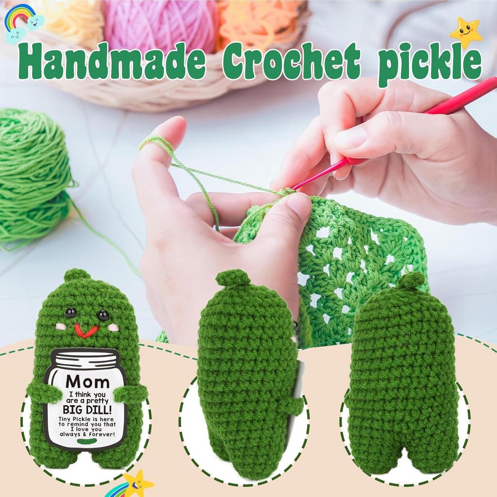Funny Crochet Positive Pickle Plush Dolls with Card Mothers Day Gift for Mom from Daughter or Son Handmade Knitted Pickle Doll
