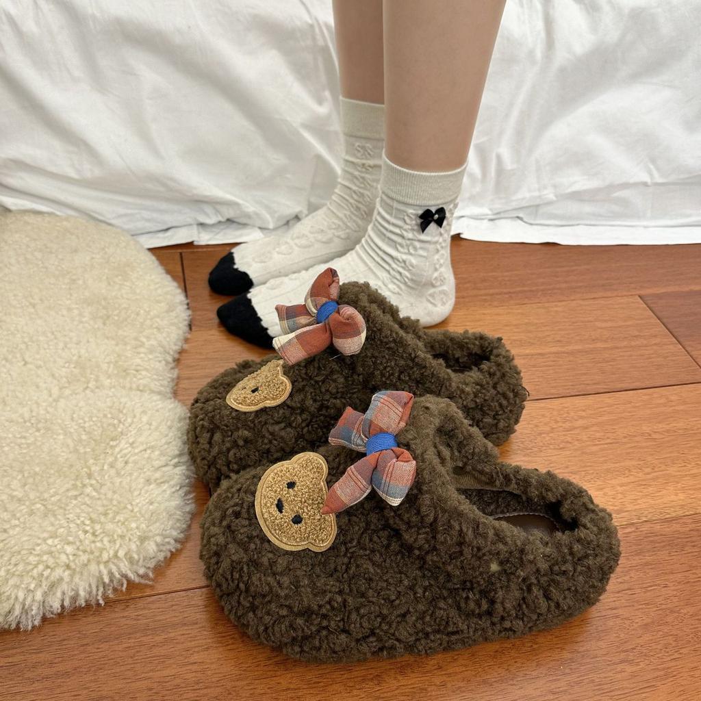 Cute Baotou Heightening Fleece Cotton Slippers Women's 2025 Autumn and Winter New Internet Celebrity Cartoon Fluffy Slippers Women's Outer Wear