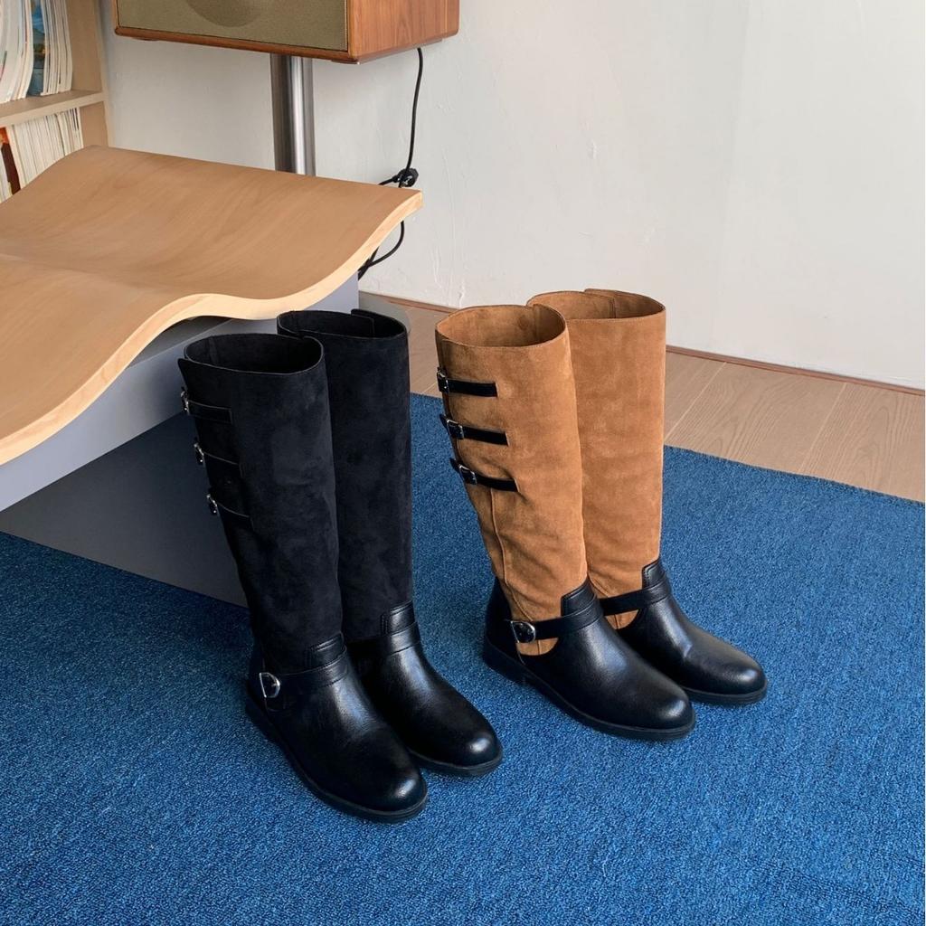 2025 autumn and winter new round head color matching belt buckle thick heel but knee knight women's boots