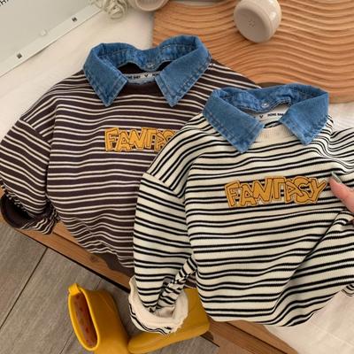 Children's Sweat Autumn Boy's Small and Medium-sized Children's Striped Denim Collar Sweat Baby's Casual Top