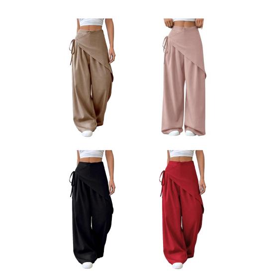 Yousheng Women Long Pants, Oversized Wide Leg Trousers with Apron Decor, Pure Color Elastic Waist Casual Pants for Daily Commuting