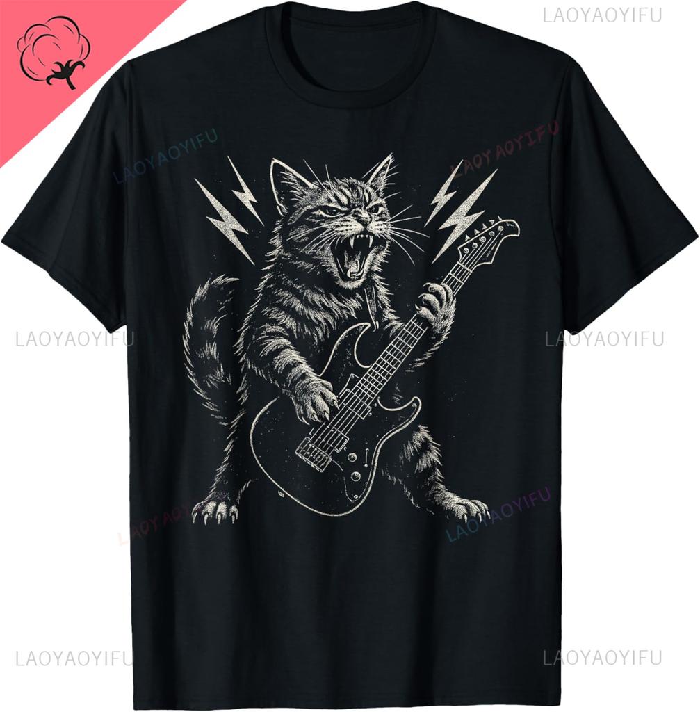 Cat Playing Guitar Rock Star Rock and Roll for Men Women T-Shirt Print Original Design Gifts T Shirts Camiseta Hombre