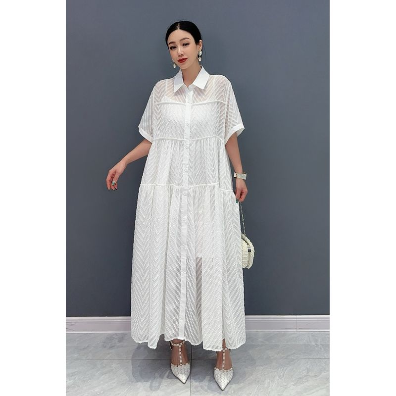 

2025 Summer New Arrival Women s Dress Short Sleeve Peter Pan Collar Swing Mid-Length Dress Elastic Waist Fashion Elegance Lady White One size