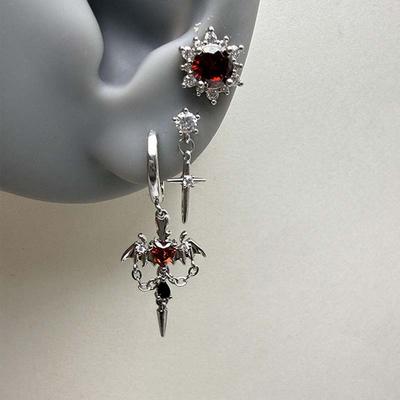 Punk Red Zircon Heart Wings Drop Earrings for Women Men Sweet Cool Metal Crystal Cross Piercing Earrings Y2K Jewelry Accessories